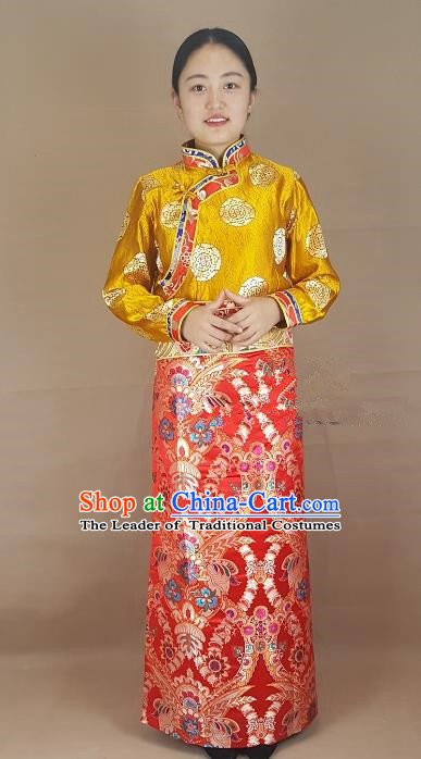 Chinese Traditional Zang Nationality Costume Red Brocade Bust Skirt, China Tibetan Heishui Dance Clothing for Women