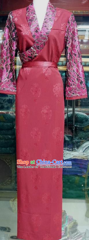Chinese Traditional Zang Nationality Costume Red Brocade Dress, China Tibetan Heishui Dance Clothing for Women