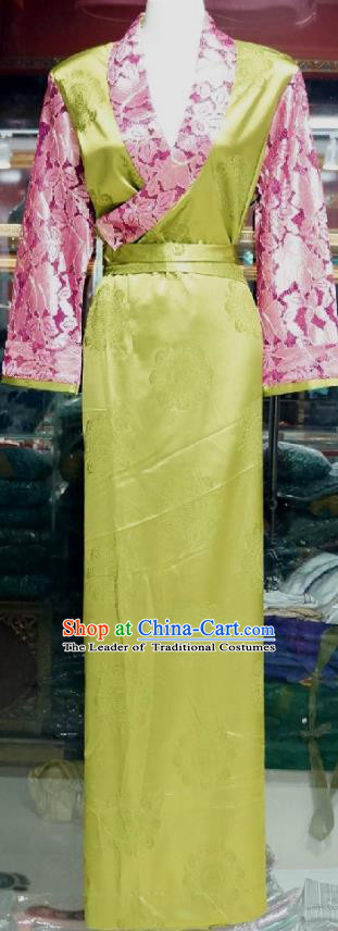Chinese Traditional Zang Nationality Costume Green Brocade Dress, China Tibetan Heishui Dance Clothing for Women