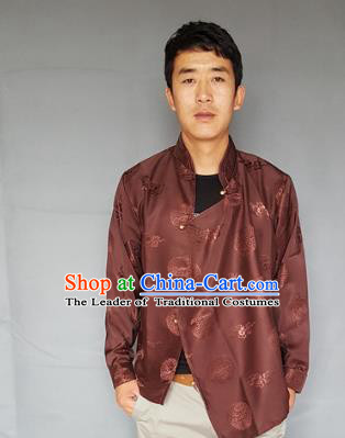 Chinese Traditional Zang Nationality Costume Brown Shirts, China Tibetan Ethnic Upper Outer Garment Clothing for Men