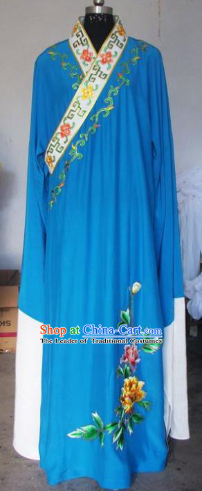 Chinese Traditional Beijing Opera Scholar Costumes Niche Embroidered Peony Blue Robe for Adults