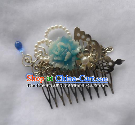 Chinese Traditional Hair Accessories Ancient Bride Hairpins Blue Peony Hair Comb for Women
