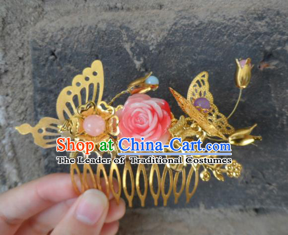 Chinese Traditional Hair Accessories Ancient Bride Hairpins Pink Peony Hair Comb for Women