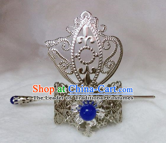 Chinese Traditional Ancient Prince Blue Bead Hairdo Crown Hair Accessories Swordsman Hairpins for Men