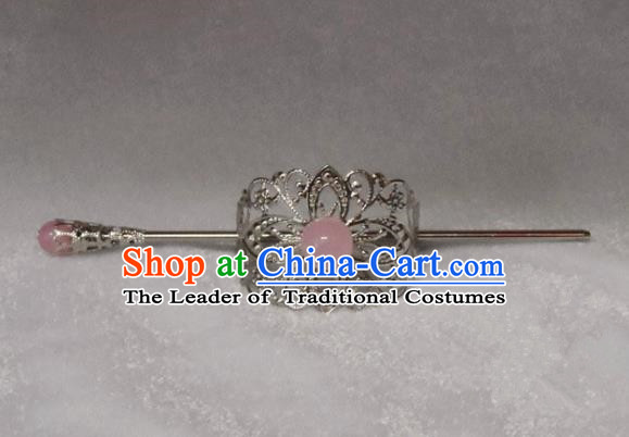 Chinese Traditional Ancient Handmade Pink Bead Hairdo Crown Hair Accessories Swordsman Hairpins for Men