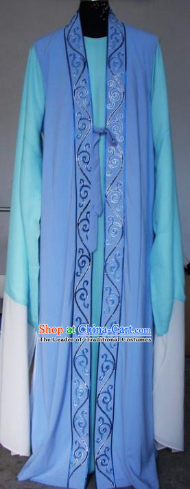 Chinese Traditional Shaoxing Opera Scholar Embroidered Blue Robe Peking Opera Niche Costumes for Adults