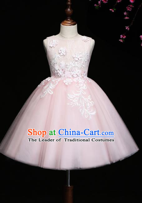 Children Modern Dance Costume Compere Pink Bubble Full Dress Stage Piano Performance Dress for Kids
