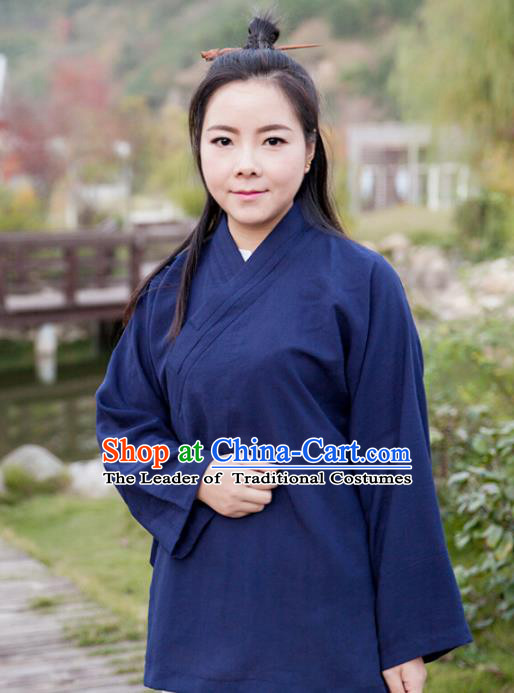 Chinese Traditional Martial Arts Taoist Nun Costumes Tai Chi Kung Fu Navy Blouse for Women