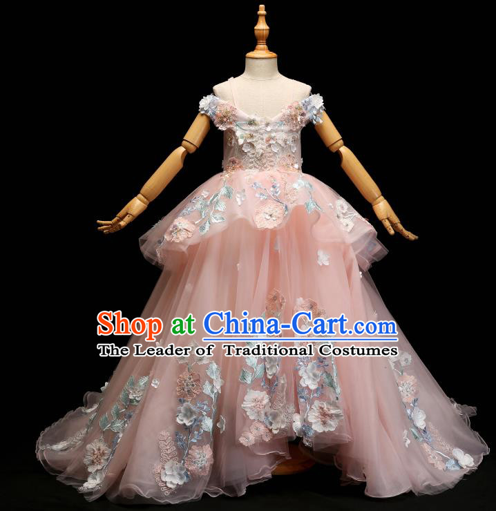 Children Modern Dance Costume Compere Pink Lace Trailing Full Dress Stage Piano Performance Princess Dress for Kids