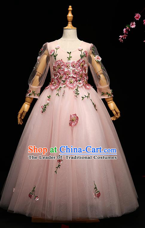 Children Modern Dance Costume Princess Full Dress Stage Performance Chorus Pink Veil Dress for Kids