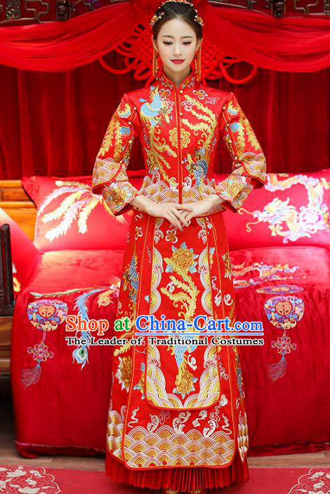 Top Grade Chinese Traditional Wedding Costumes Embroidered Phoenix Xiuhe Suits Bride Toast Red Dress for Women