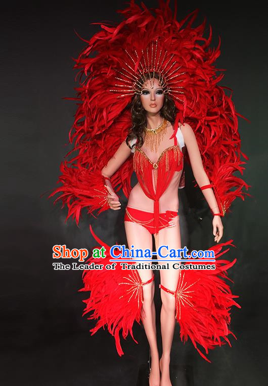 Top Grade Stage Performance Brazilian Rio Carnival Costume Red Feather Wings and Headwear for Women