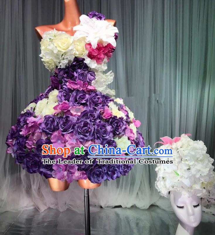 Top Grade Stage Performance Costume Models Catwalks Purple Flowers Fairy Dance Dress and Headwear for Women