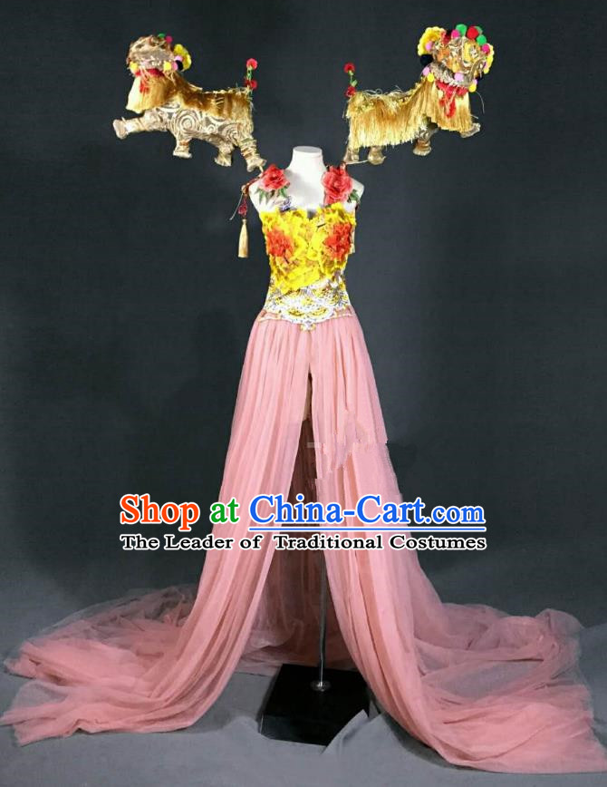 Top Grade Stage Performance Costume Models Catwalks Lion Pink Full Dress for Women