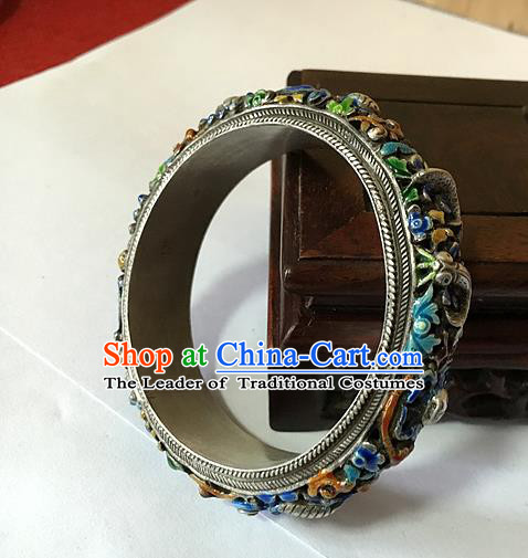 Handmade Chinese Miao Nationality Sliver Bracelet Traditional Hmong Blueing Lotus Bangle for Women