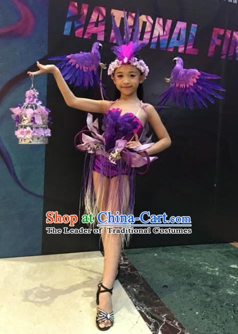 Children Models Show Costume Stage Performance Modern Dance Catwalks Purple Feather Clothing for Kids