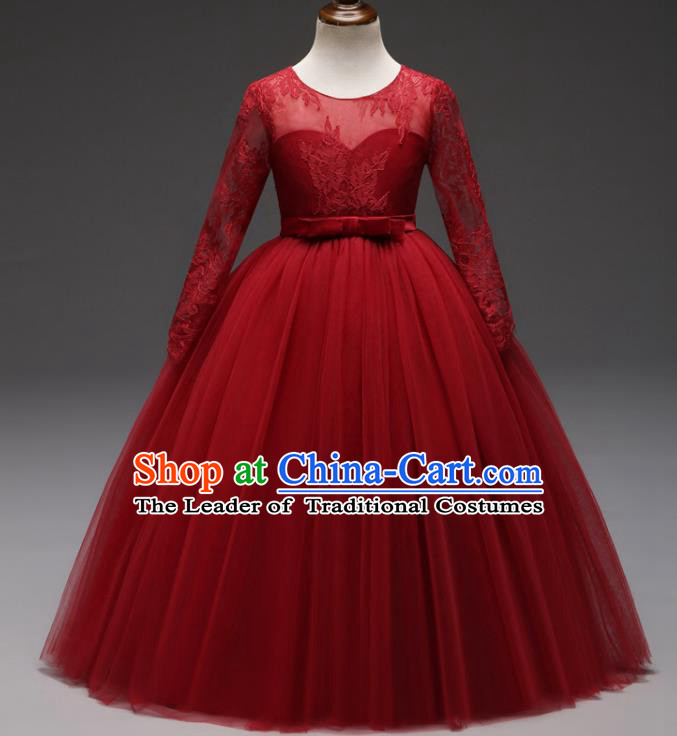 Children Models Show Costume Stage Performance Modern Dance Compere Red Lace Veil Dress for Kids