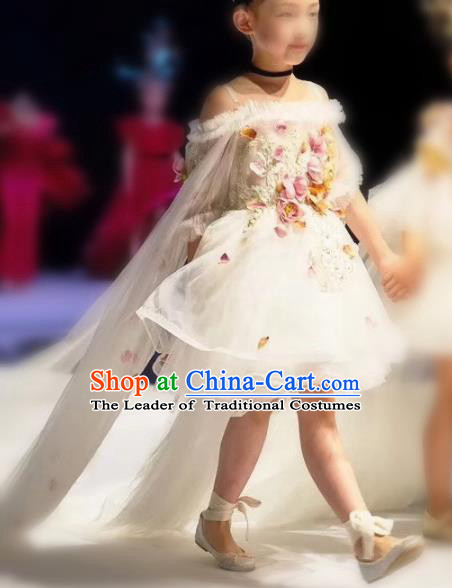 Children Models Show Costume Stage Performance Catwalks Compere White Veil Trailing Dress for Kids
