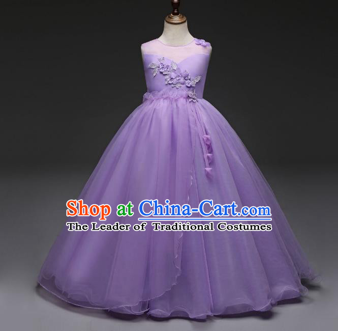 Children Models Show Costume Stage Performance Catwalks Compere Princess Purple Dress for Kids