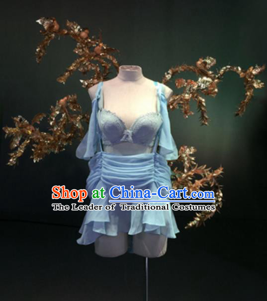 Top Grade Models Show Costume Blue Bikini Dress Stage Performance Compere Clothing and Wing for Women