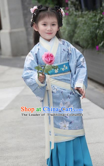 Chinese Ancient Han Dynasty Princess Costumes Children Embroidered Hanfu Blue Curving-Front Robe for Kids