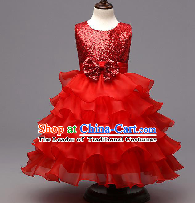 Top Grade Children Catwalks Costume Modern Dance Stage Performance Compere Red Sequins Dress for Kids