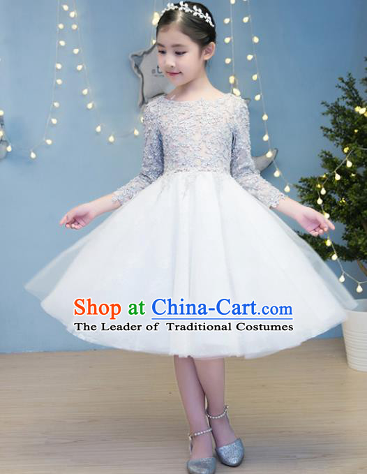 Children Models Show Costume Stage Performance Catwalks Compere White Veil Bubble Dress for Kids