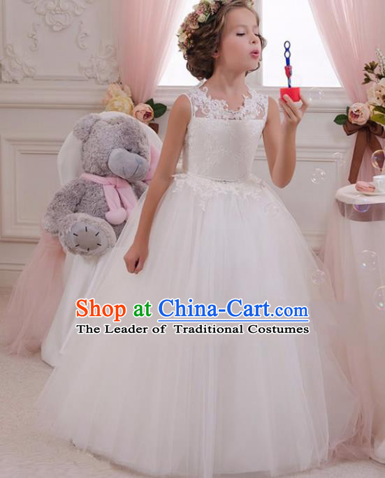 Children Models Show Compere Costume Stage Performance Catwalks White Lace Veil Full Dress for Kids