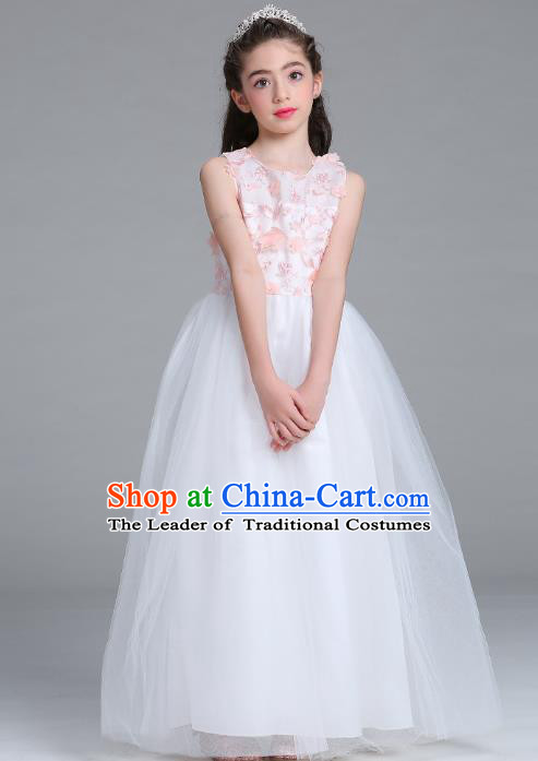 Children Models Show Compere Costume Girls Princess White Veil Petal Dress Stage Performance Clothing for Kids