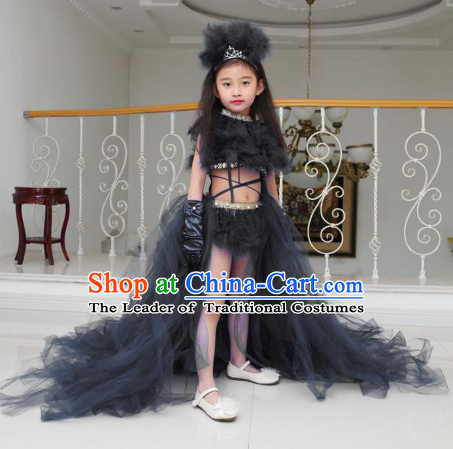 Children Models Show Compere Costume Girls Princess Black Veil Mullet Dress Stage Performance Clothing for Kids