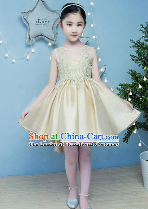 Children Models Show Compere Costume Girls Princess Golden Full Dress Stage Performance Clothing for Kids