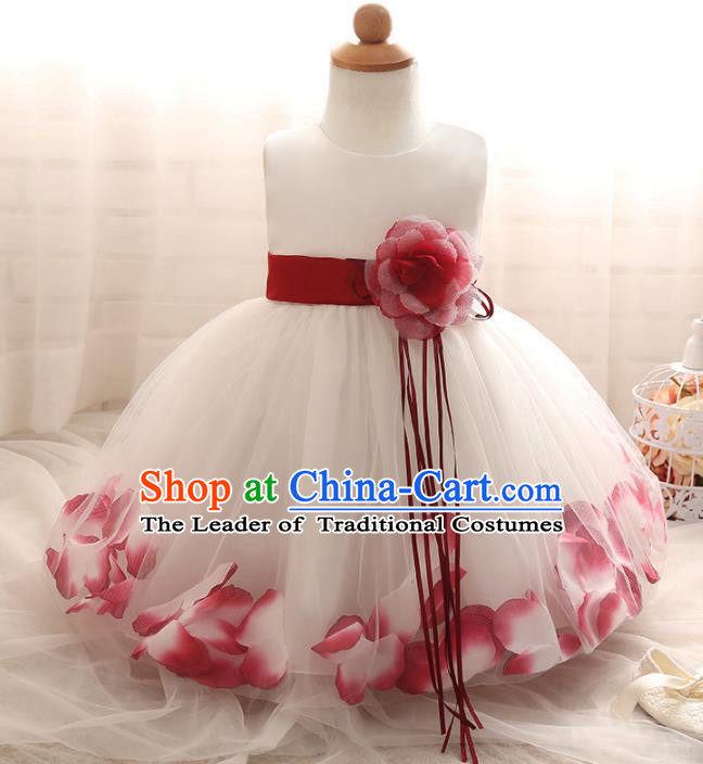 Children Models Show Costume Compere Red Rose Full Dress Stage Performance Clothing for Kids