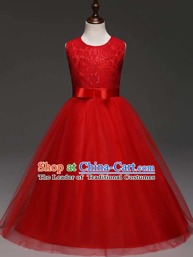 Children Models Show Costume Compere Red Lace Full Dress Stage Performance Clothing for Kids