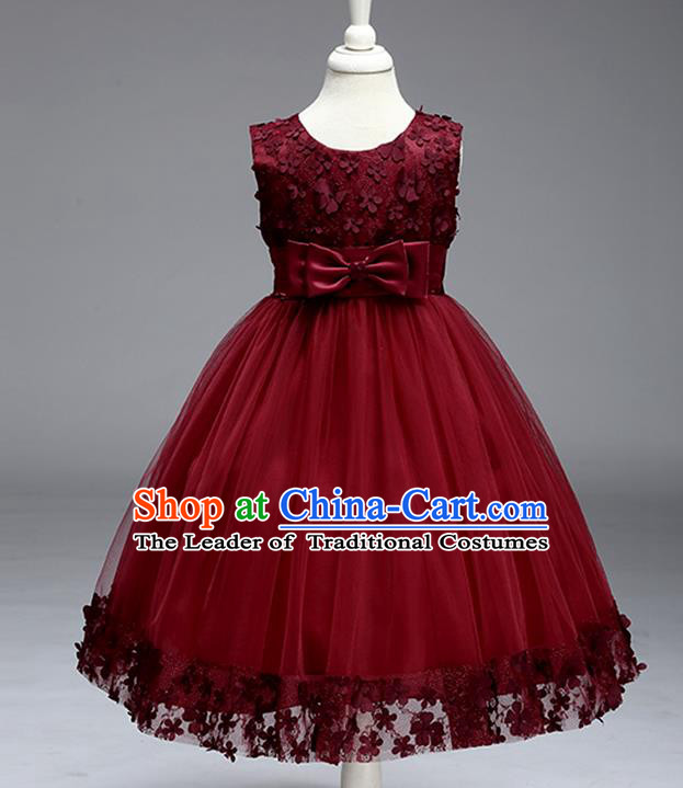 Children Fairy Princess Wine Red Veil Dress Stage Performance Catwalks Compere Costume for Kids