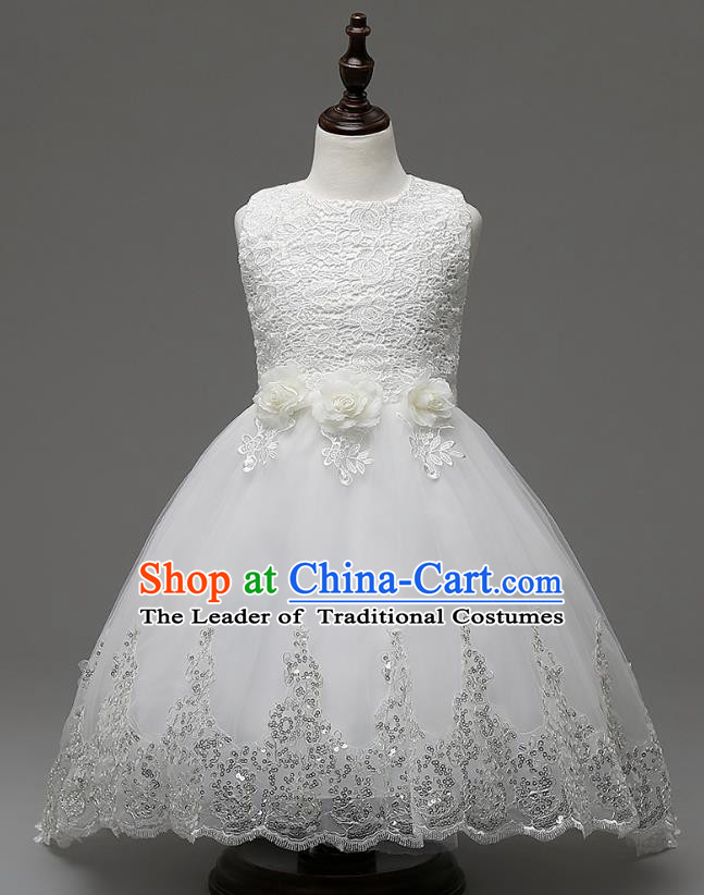 Children Fairy Princess White Lace Dress Stage Performance Catwalks Compere Costume for Kids