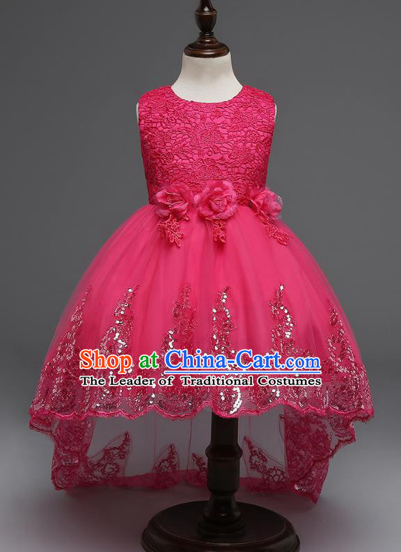 Children Fairy Princess Rosy Lace Dress Stage Performance Catwalks Compere Costume for Kids