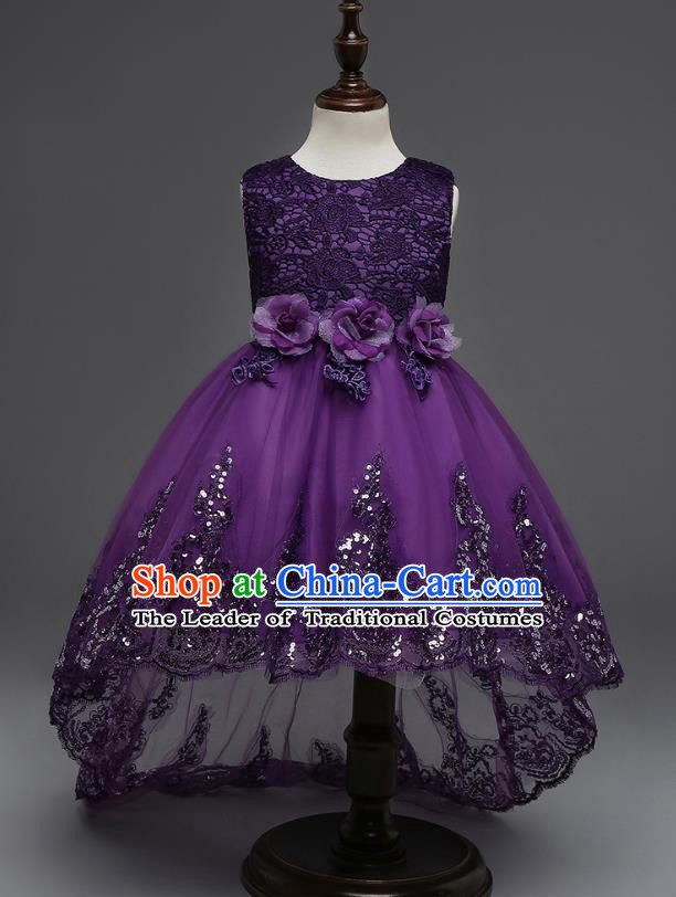 Children Fairy Princess Purple Lace Dress Stage Performance Catwalks Compere Costume for Kids