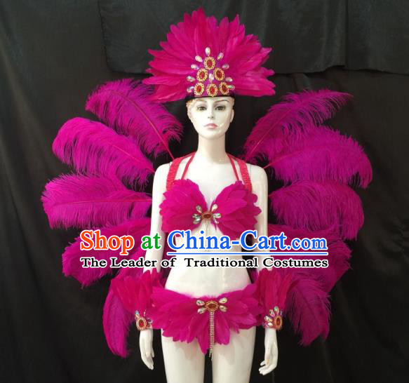 Top Grade Brazilian Carnival Samba Dance Costume Miami Catwalks Rosy Feather Swimsuit and Angel Wings for Women