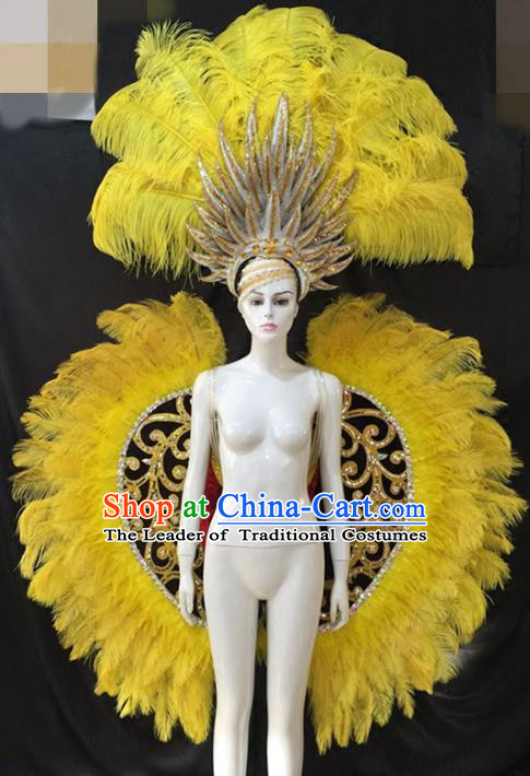 Top Grade Halloween Catwalks Props Brazilian Carnival Samba Dance Yellow Feather Wings and Headdress for Adults