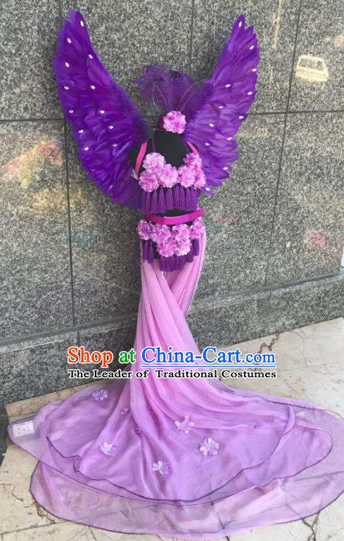 Top Grade Brazilian Carnival Costumes Halloween Catwalks Purple Feather Swimsuit and Hair Accessories for Kids