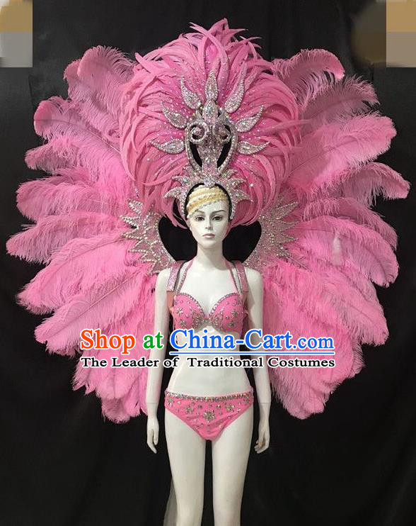 Brazilian Rio Carnival Pink Feather Costumes Halloween Catwalks Swimsuit and Deluxe Feather Wings Headwear for Women