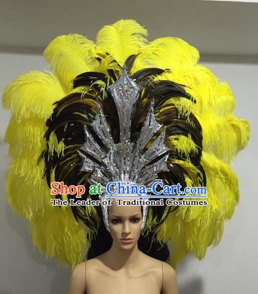 Brazilian Samba Dance Queen Hair Accessories Rio Carnival Yellow and Black Feather Deluxe Headwear for Women