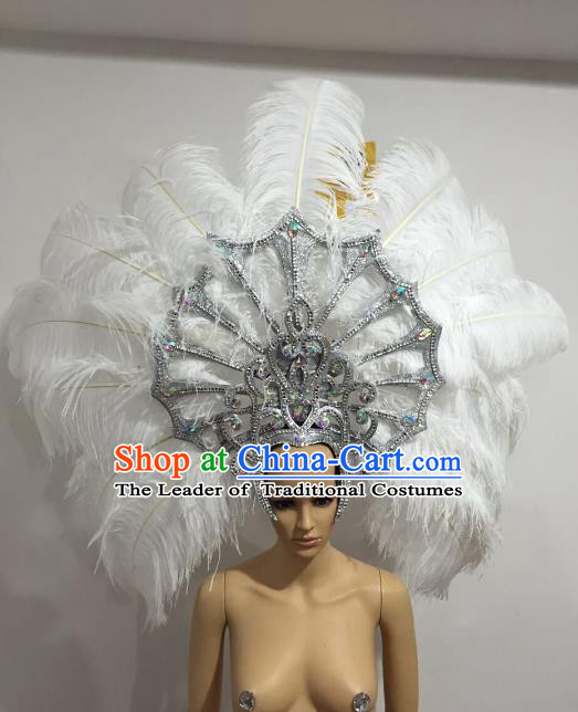 Brazilian Carnival Catwalks Hair Accessories Rio Samba Dance White Ostrich Feather Deluxe Headwear for Women