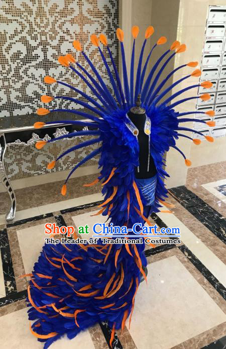 Brazilian Rio Carnival Samba Dance Costumes Halloween Catwalks Deluxe Blue Feather Clothing and Wings for Kids