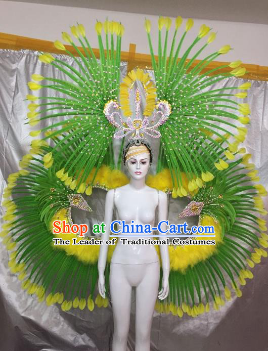 Top Grade Brazilian Carnival Samba Dance Green Feather Angel Wings Catwalks Headwear for Women