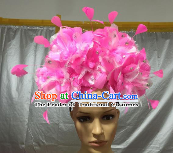 Brazilian Carnival Rio Samba Dance Pink Feather Headdress Miami Catwalks Hair Accessories for Men