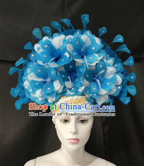 Brazilian Carnival Rio Samba Dance Blue Feather Headdress Miami Catwalks Hair Accessories for Men