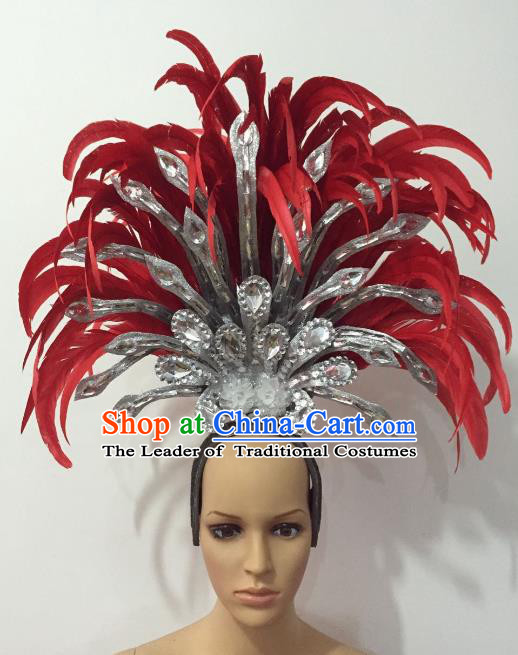 Brazilian Rio Carnival Samba Dance Red Feather Deluxe Headdress Stage Performance Hair Accessories for Women
