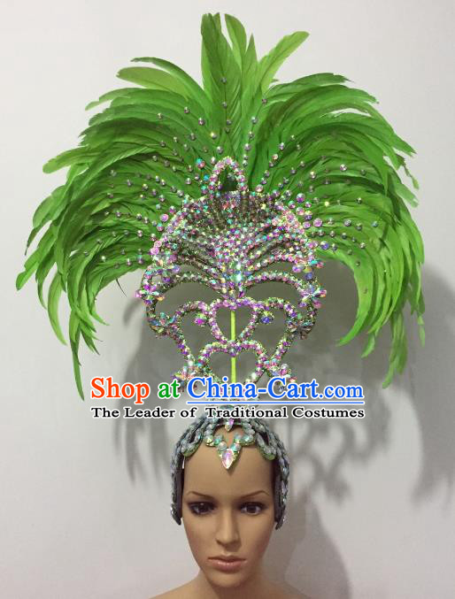 Brazilian Rio Carnival Samba Dance Green Feather Deluxe Headdress Stage Performance Hair Accessories for Women