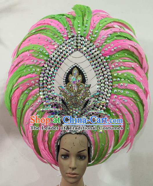 Custom-made Samba Dance Deluxe Green and Pink Feather Hair Accessories Brazilian Rio Carnival Headdress for Women